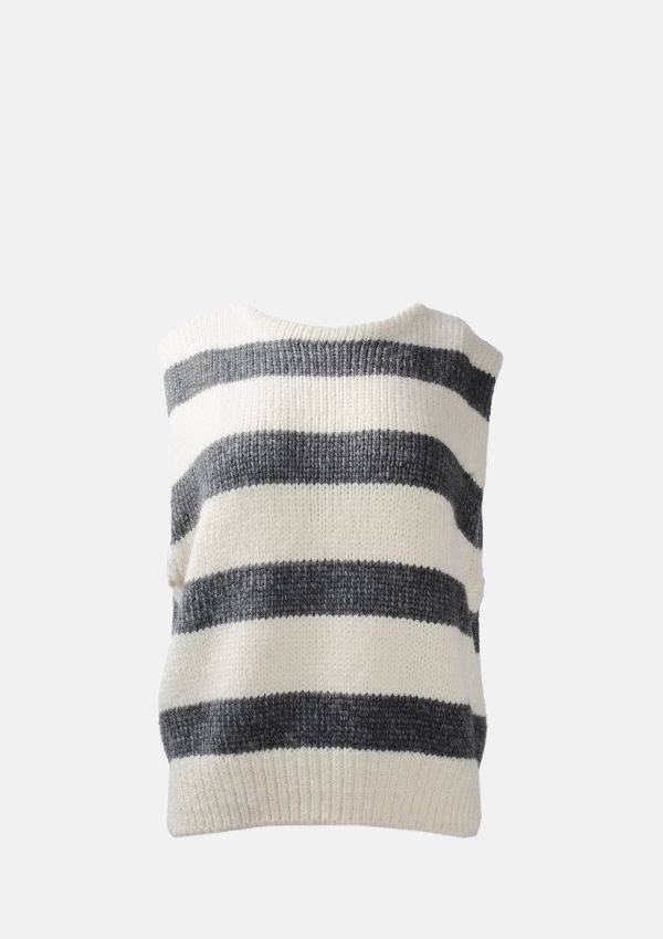 Product image of Bellerose Nanor Knit Stripe A knitted vest with large grey and cream horizontal block stripes and ribbed hem.