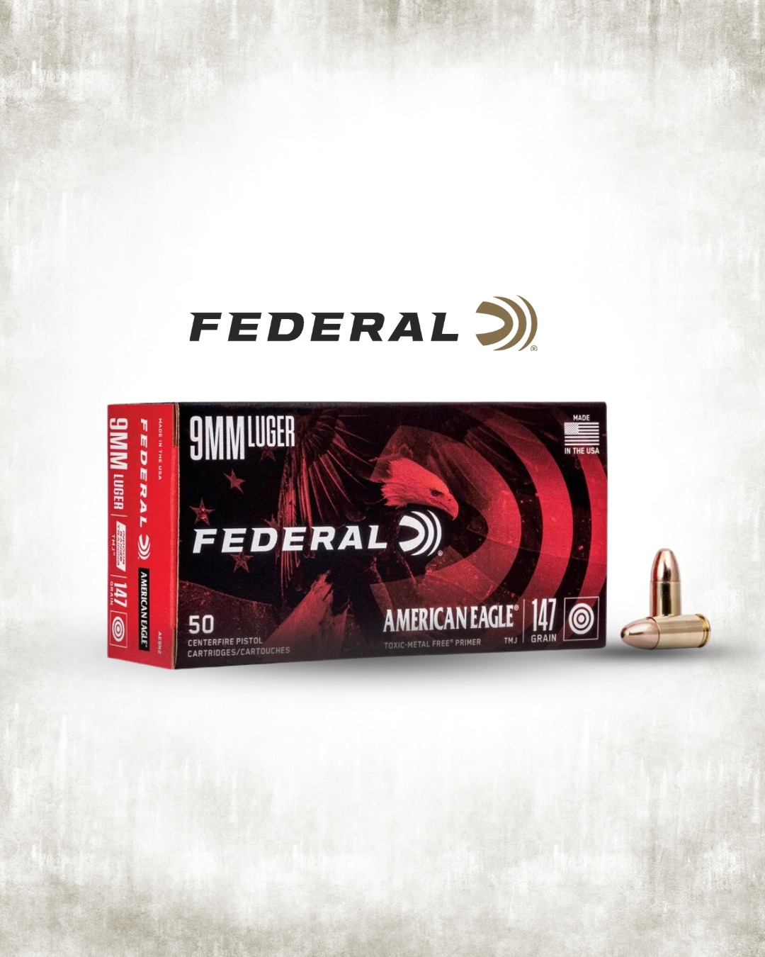 Federal ammunition box with bullets, featuring American Eagle branding.
