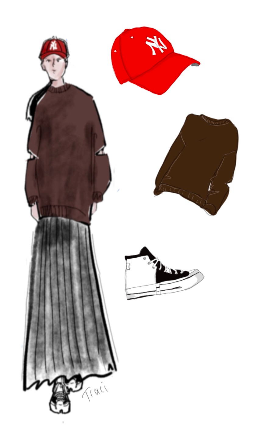 illustration of woman wearing pleated skirt in a hyper functional manner