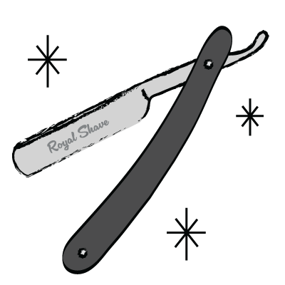 Illustration of a straight razor partly opened.  Three stars are surrounding the razor. 