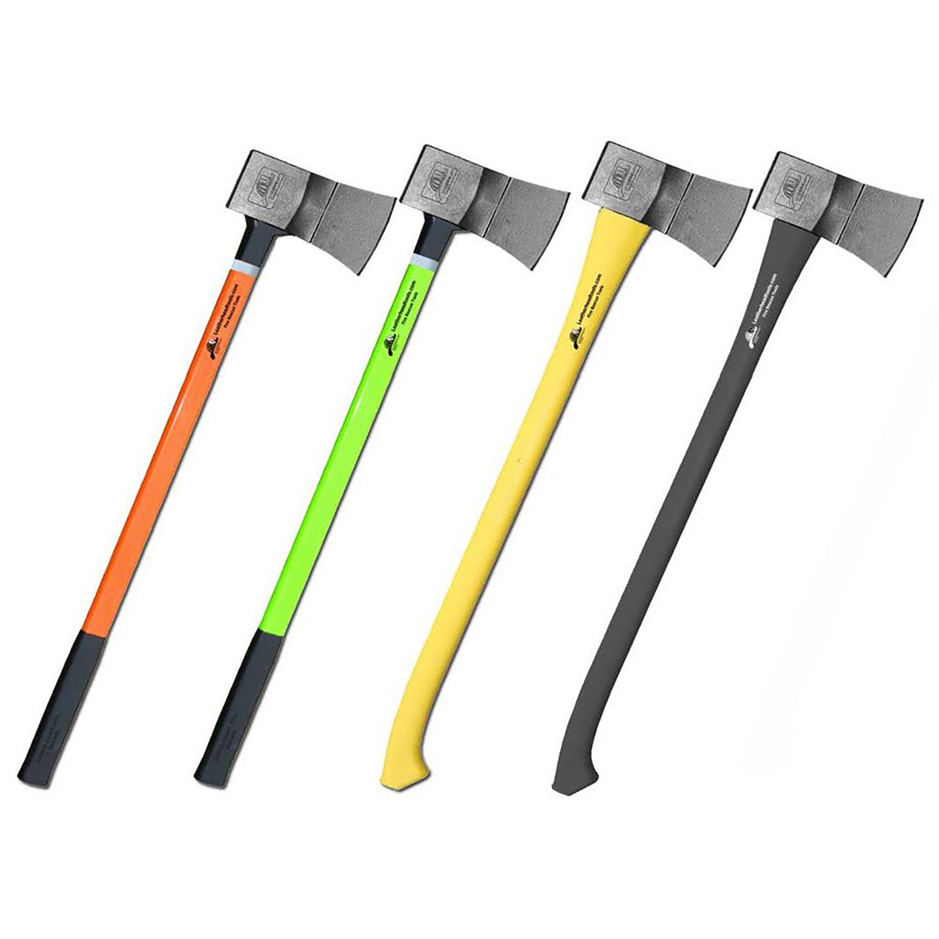 Four different axes with various colored handles arranged in a row.