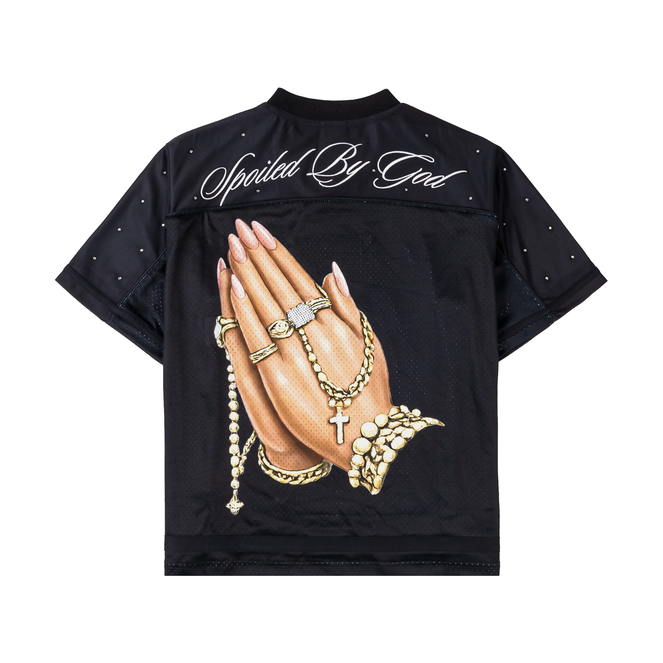 Black shirt featuring a graphic of lips adorned with jewelry and embellishments.