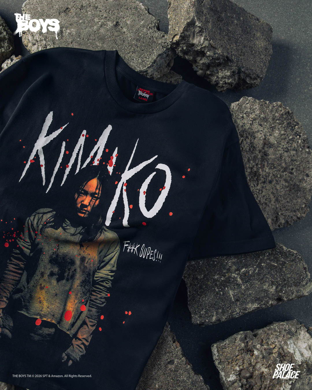 Black t-shirt featuring a graphic design of a character named Kimiko.