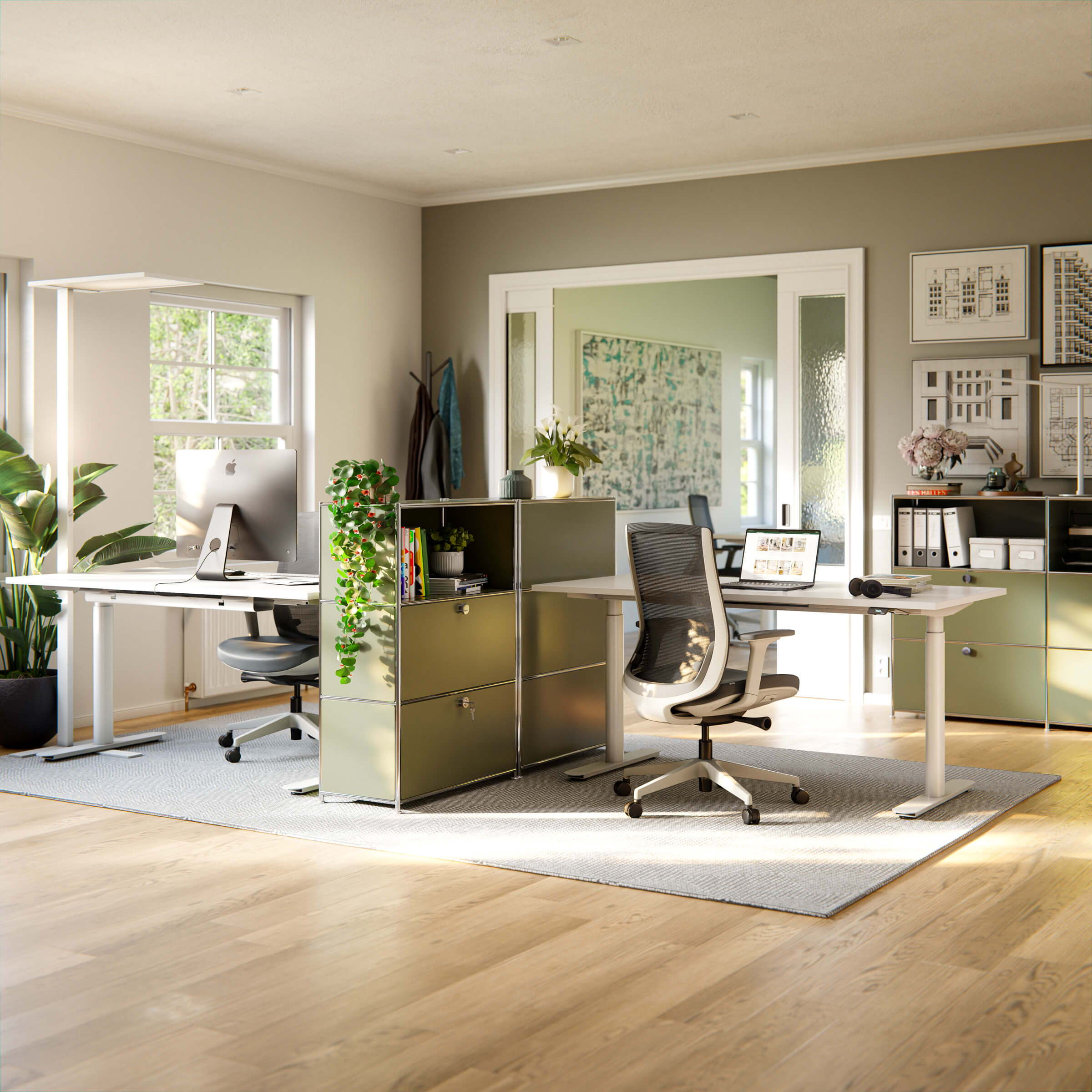 Open-plan office with two workstations, separated by two ofinto Cubox office shelves in olive green