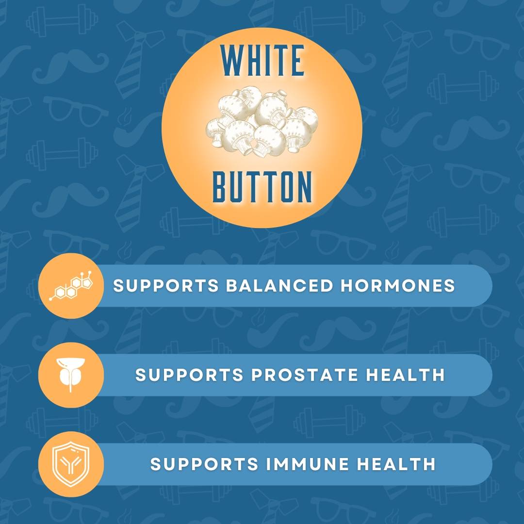 White button mushroom infographic in blue and orange. Reads, 