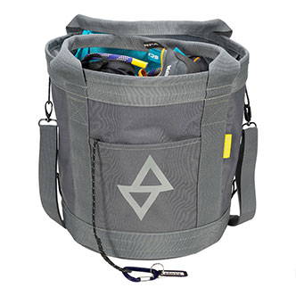 blue, yellow and grey rope storage bag