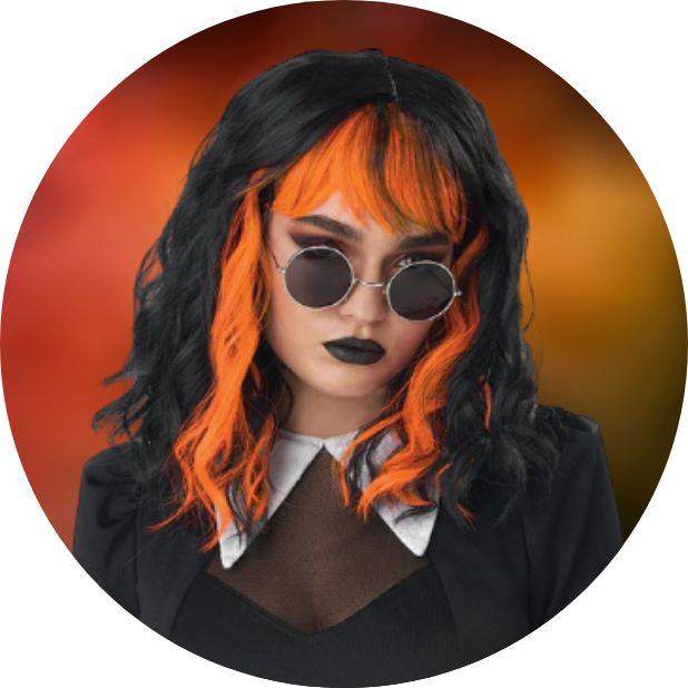 Woman wearing a black and orange, round black glasses. Shop Halloween accessories.