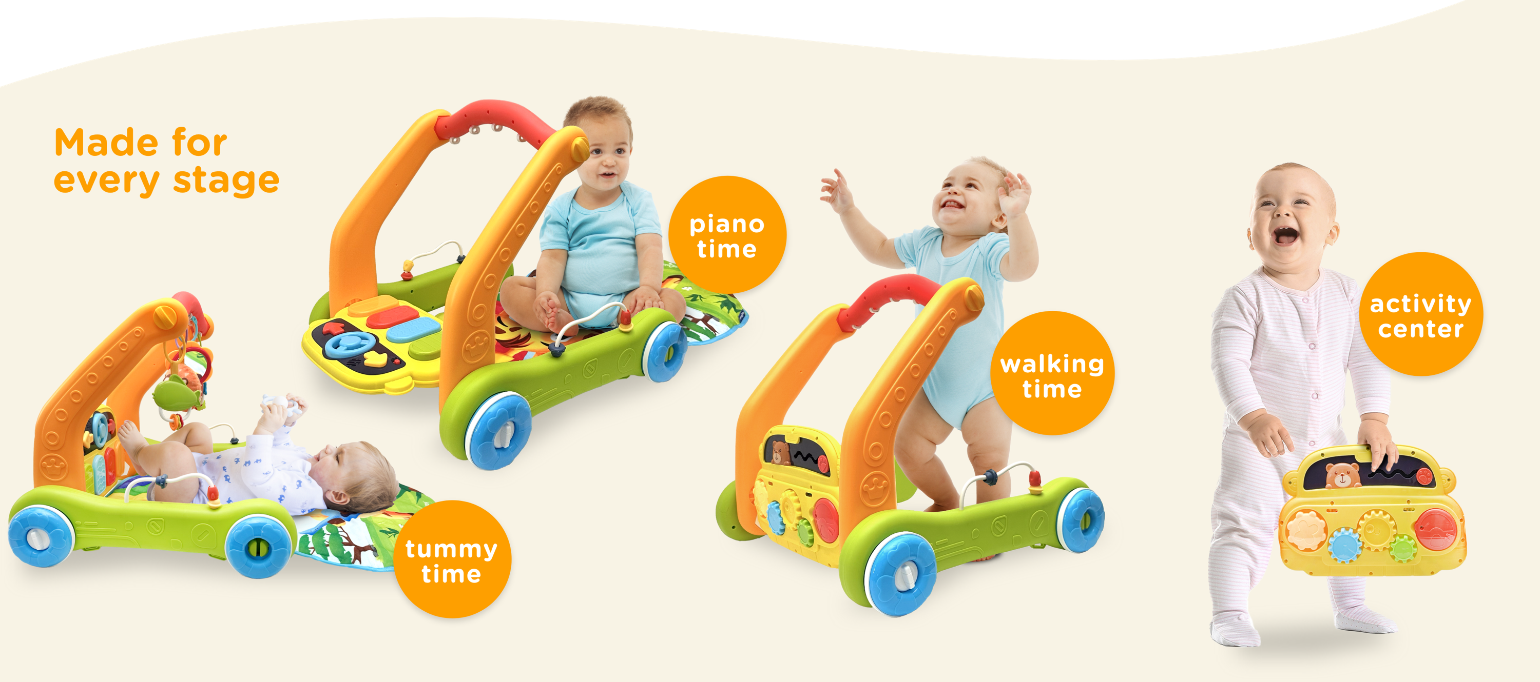 Made for every stage: tummy time, piano time, walking time, activity center