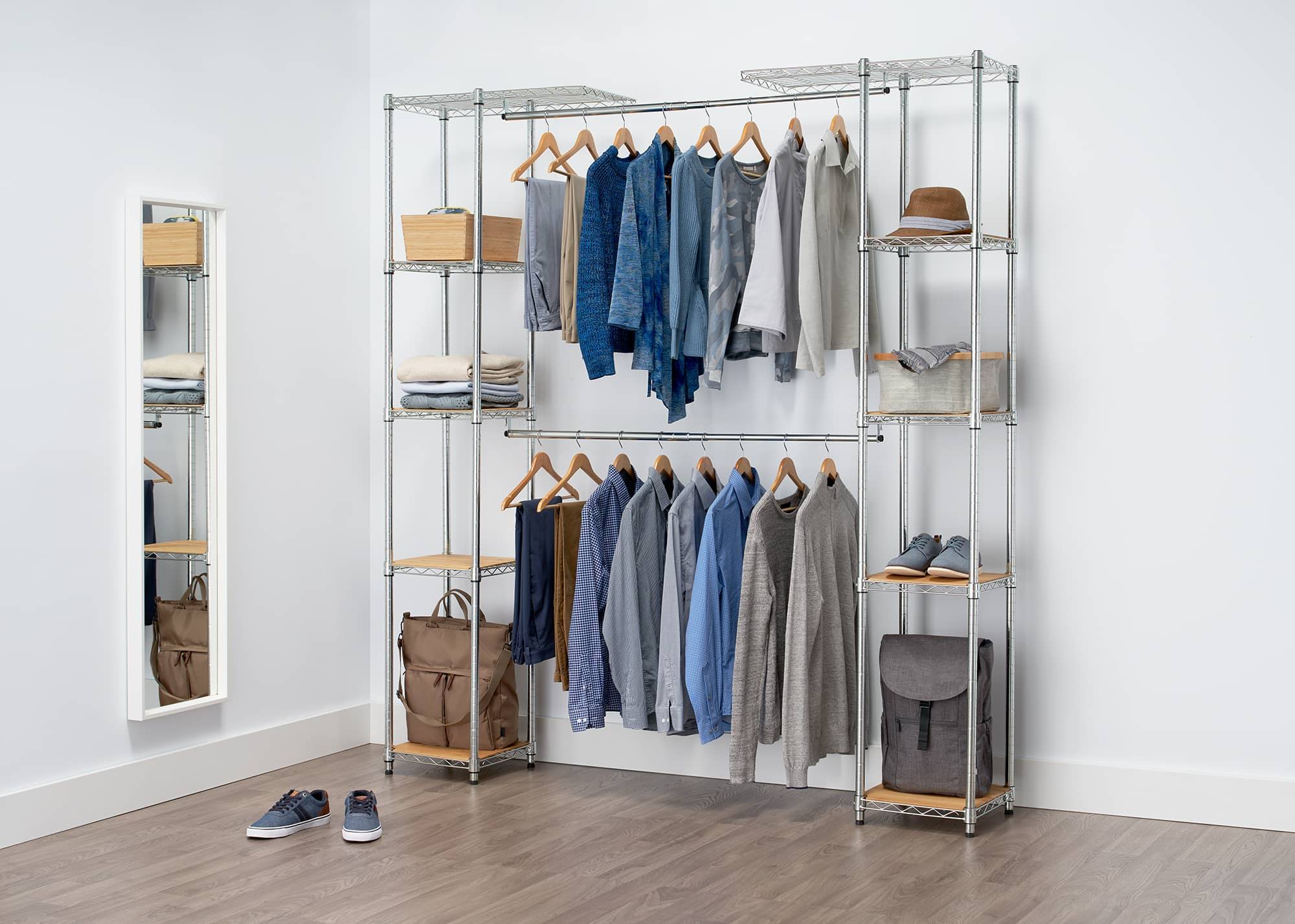 chrome closet organizer, expanded, in a bedroom