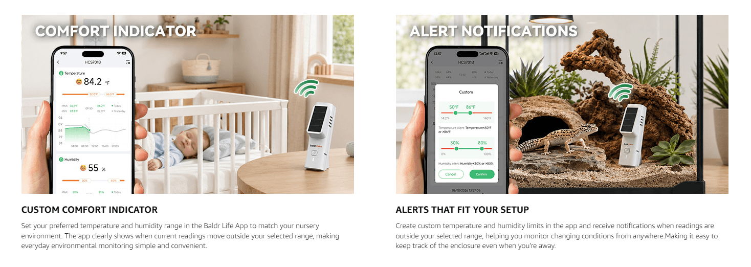 Smartphone app displaying baby monitor features in a nursery setting.