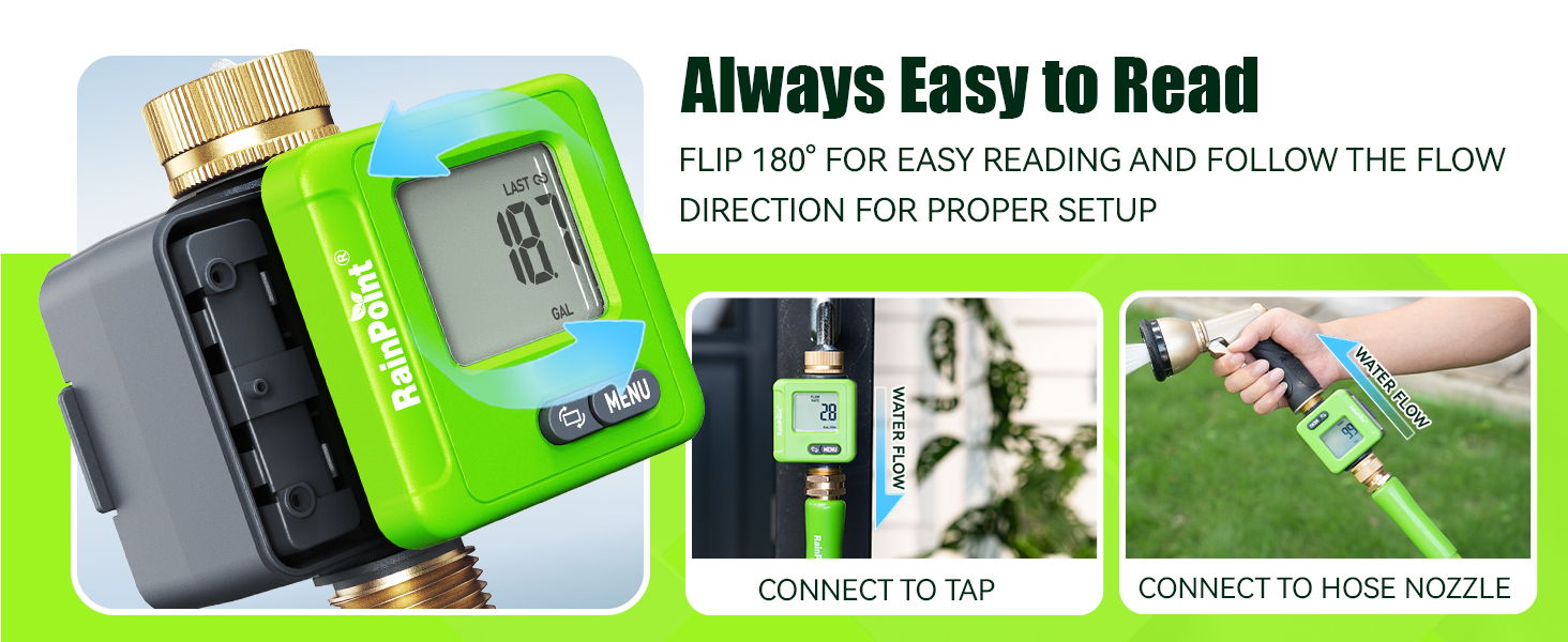 Digital water flow meter with easy-to-read display and setup instructions.