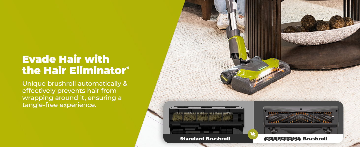 Vacuum cleaner with hair eliminator feature in a home setting.