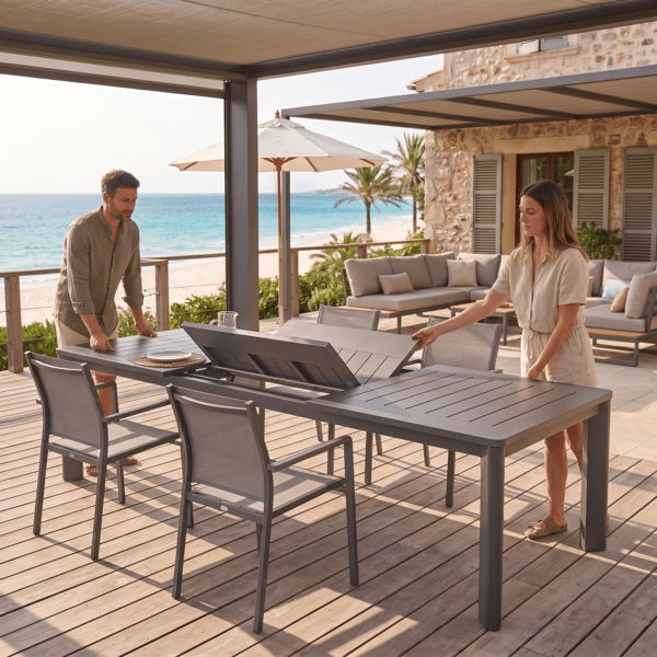 Gray outdoor extension dining table expanding on a coastal deck with ocean views and outdoor lounge seating.