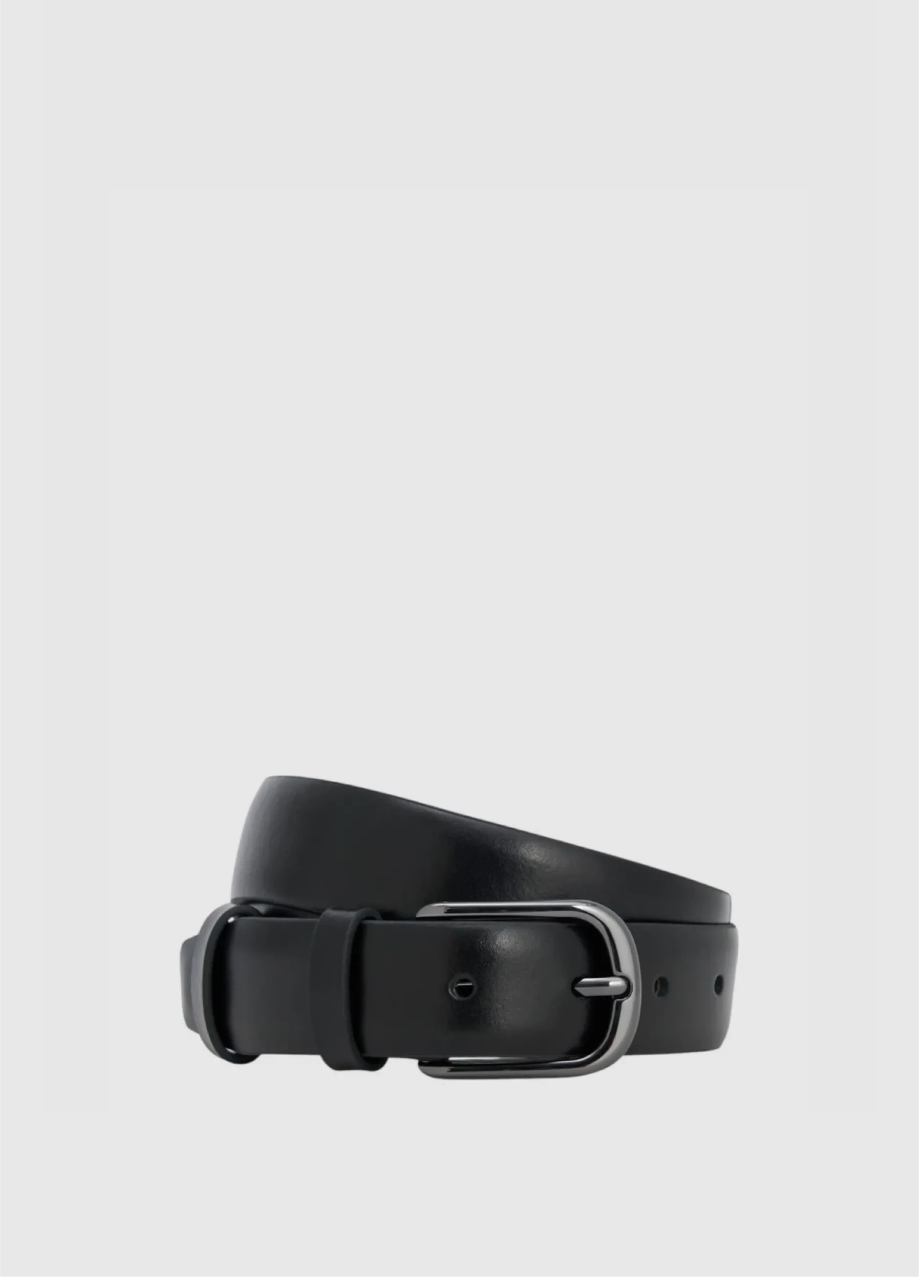 Black leather belt with a silver buckle, displayed against a light background.