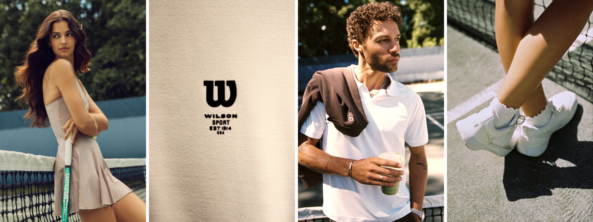 Models showcasing athletic wear and accessories from Wilson.