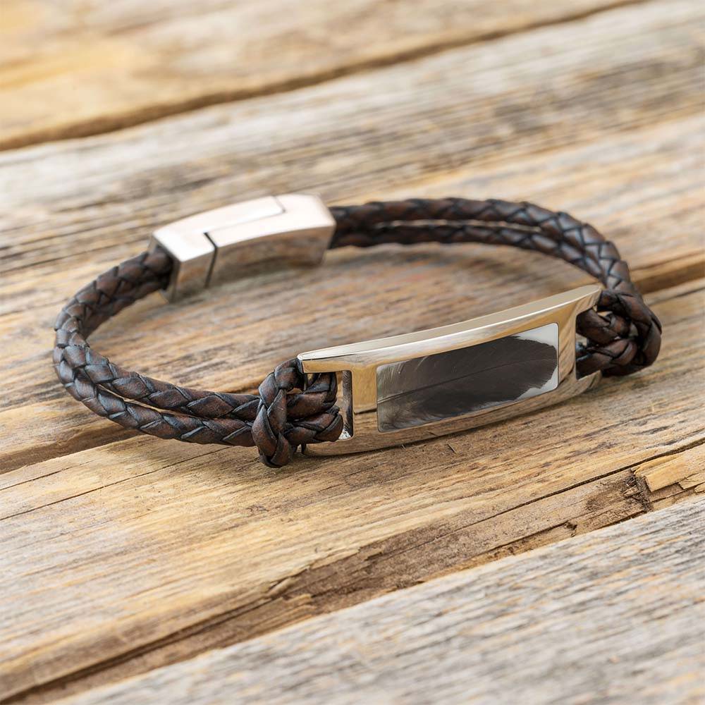 Bird feather memorial bracelet with leather