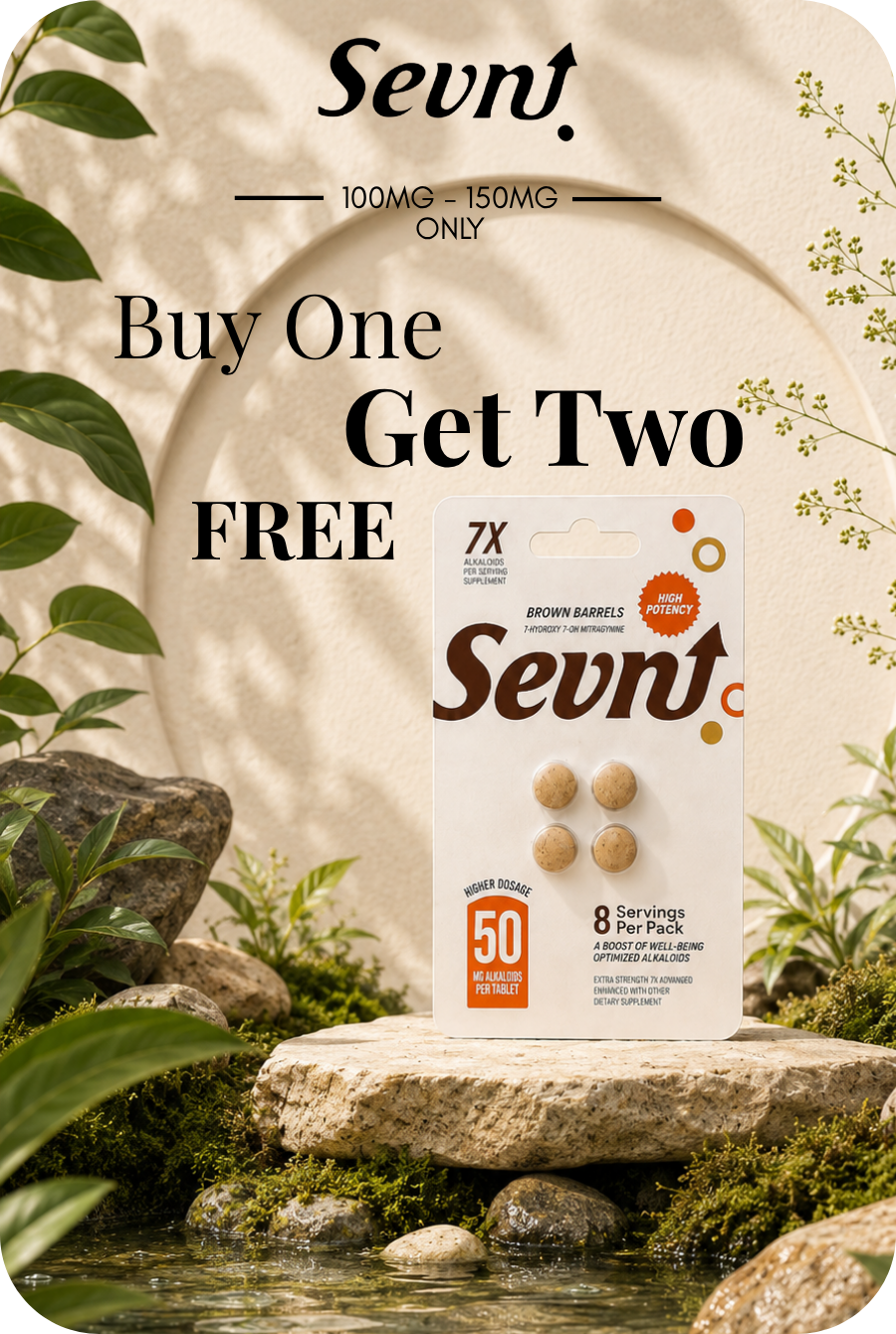 Sevnj product promotion: Buy one, get two free offer displayed amidst greenery.