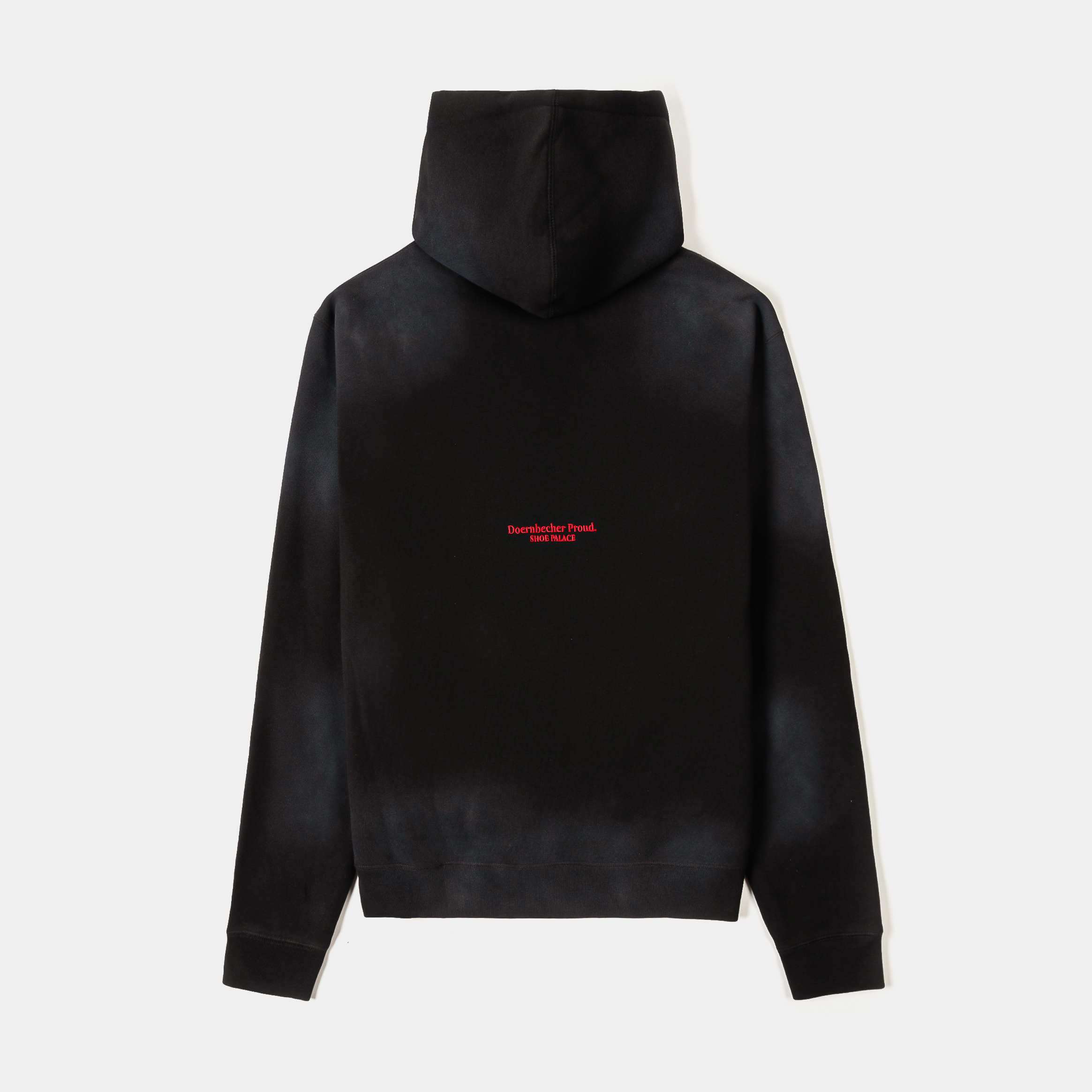 Black hoodie with various colorful graphic designs.