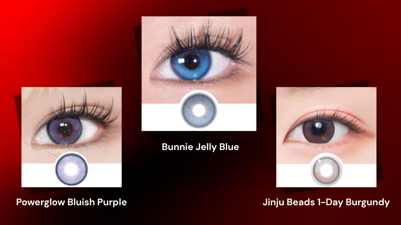 Colored contact lenses for Thorn cosplay featuring EyeCandys Powerglow bluish purple, Bunnie Jelly Blue, and Jinju Beads 1-Day Burgundy