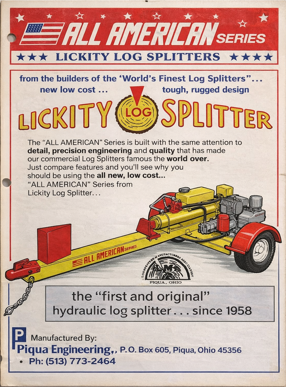 Advertisement for Lickity Log Splitter by Piqua Engineering.