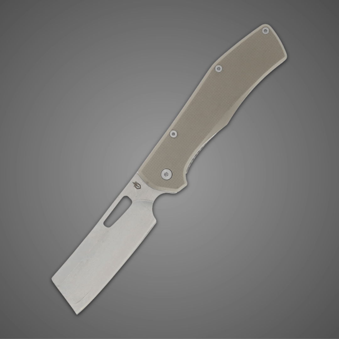 A folding knife with a silver blade and light-colored handle.