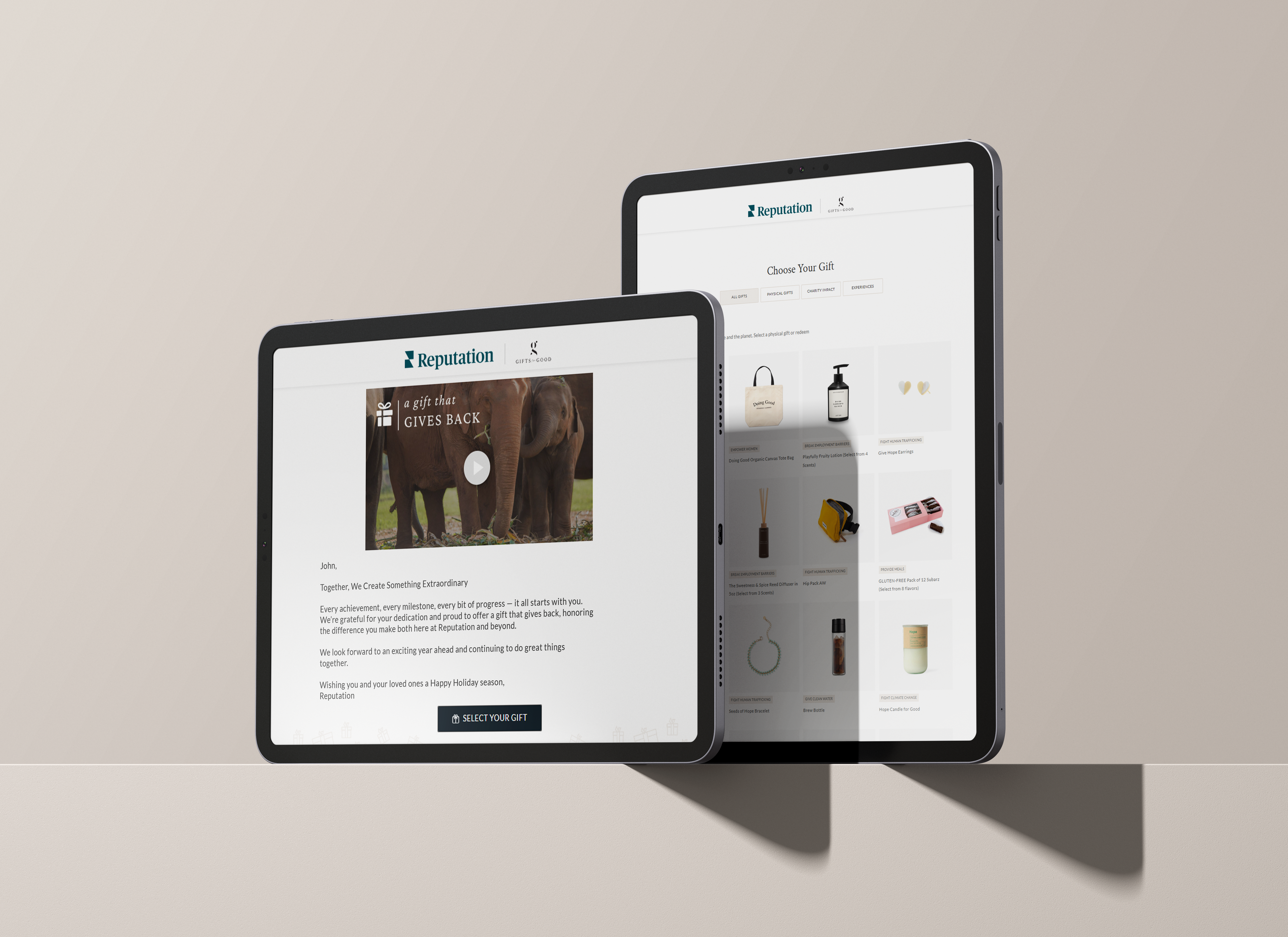 Two tablets displaying different web pages on a neutral background.
