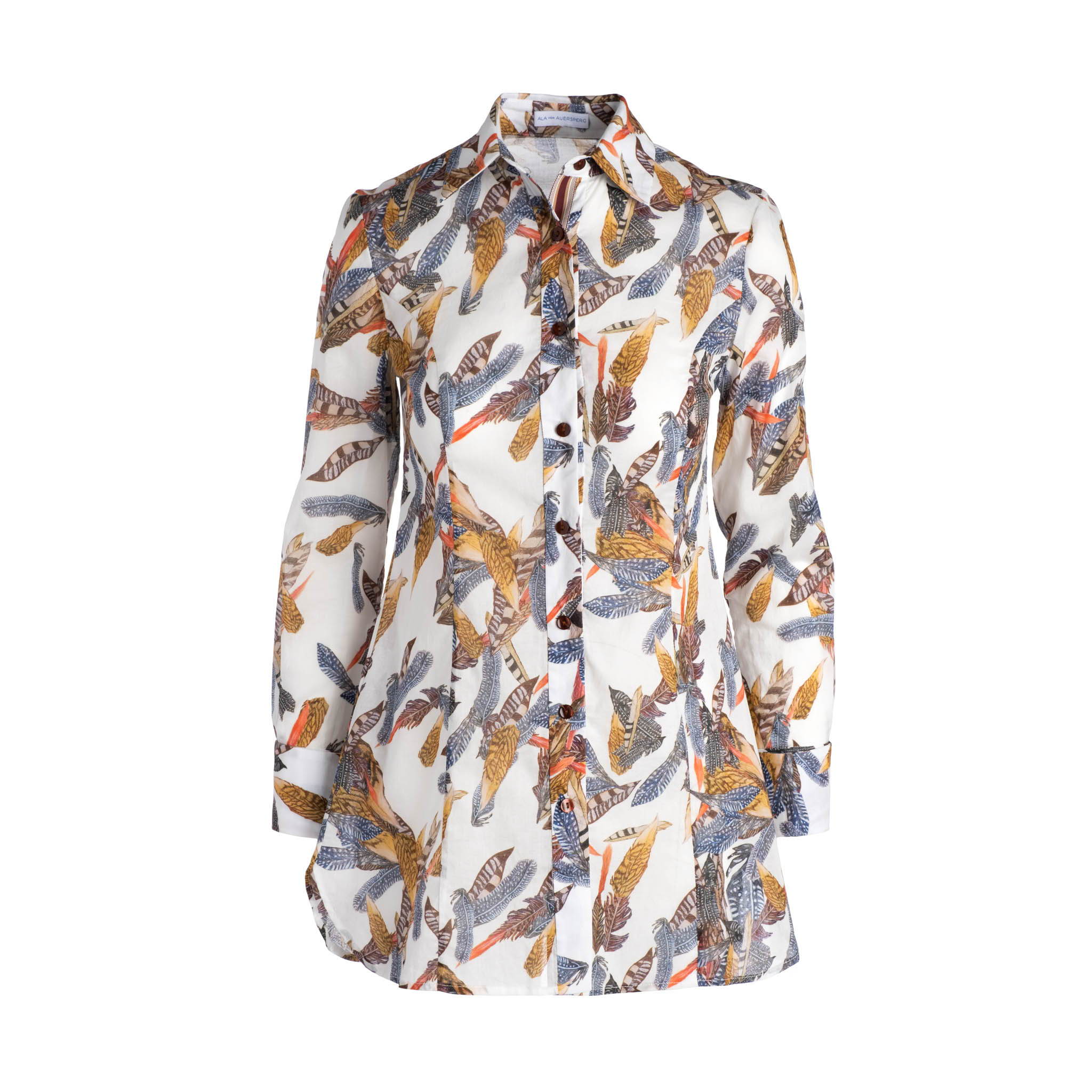 Flat image of feather printed cotton white blouse by Ala von Auersperg
