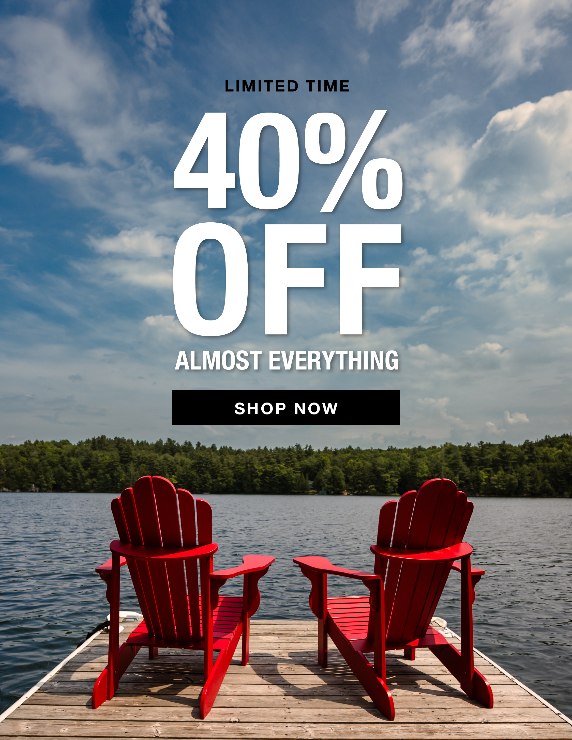 Red chairs on a dock by a lake with a promotional message.