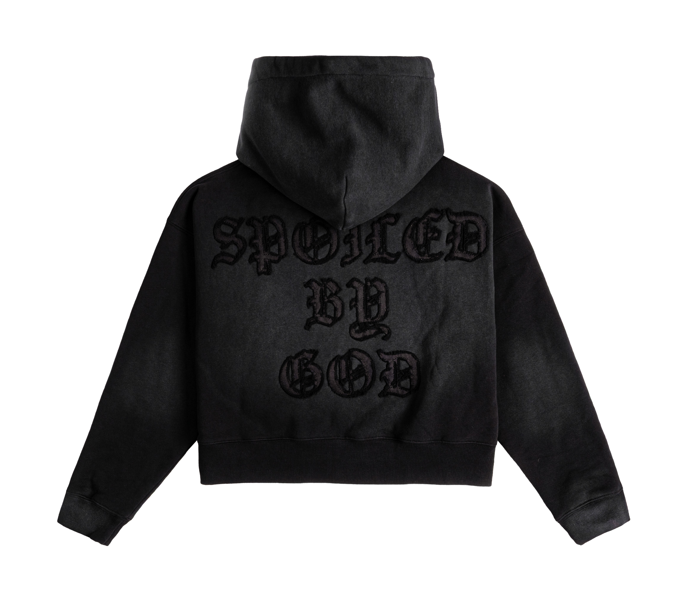 Black cropped hoodie with graphic lips design.