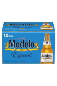 Pack of 12 Modelo Especial beer bottles in a blue box.