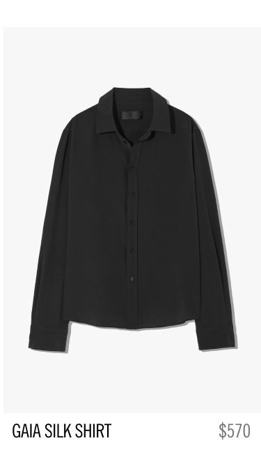 Black silk shirt with a collar and button closure. Price: $570.