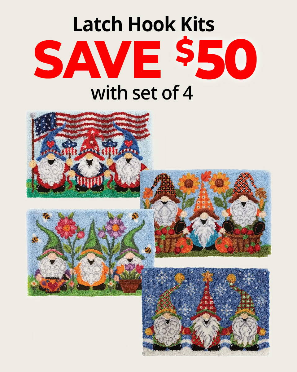 Text: Save $50 on 4 Latch Hook Kits. Image: Herrschners Seasonal Gnomes, Set of 4 Latch Hook Kit.