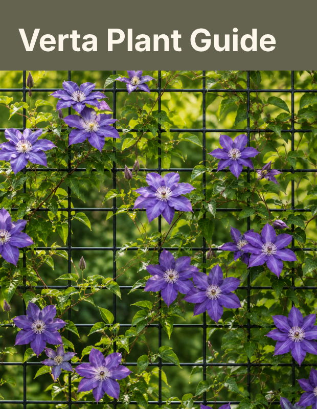 Verta Plant Guide with purple flowers growing on a trellis with a green background.