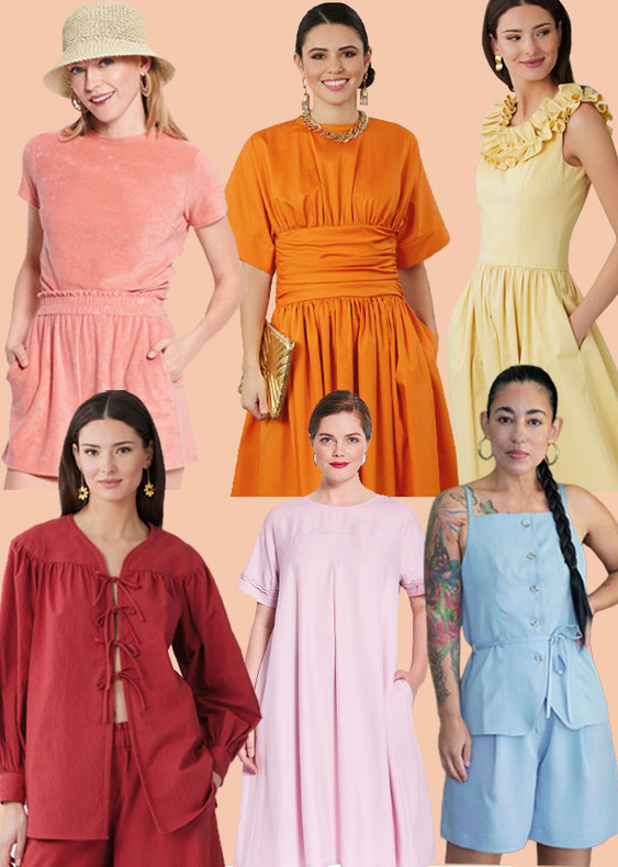 Women wearing colorful dresses against a peach background.