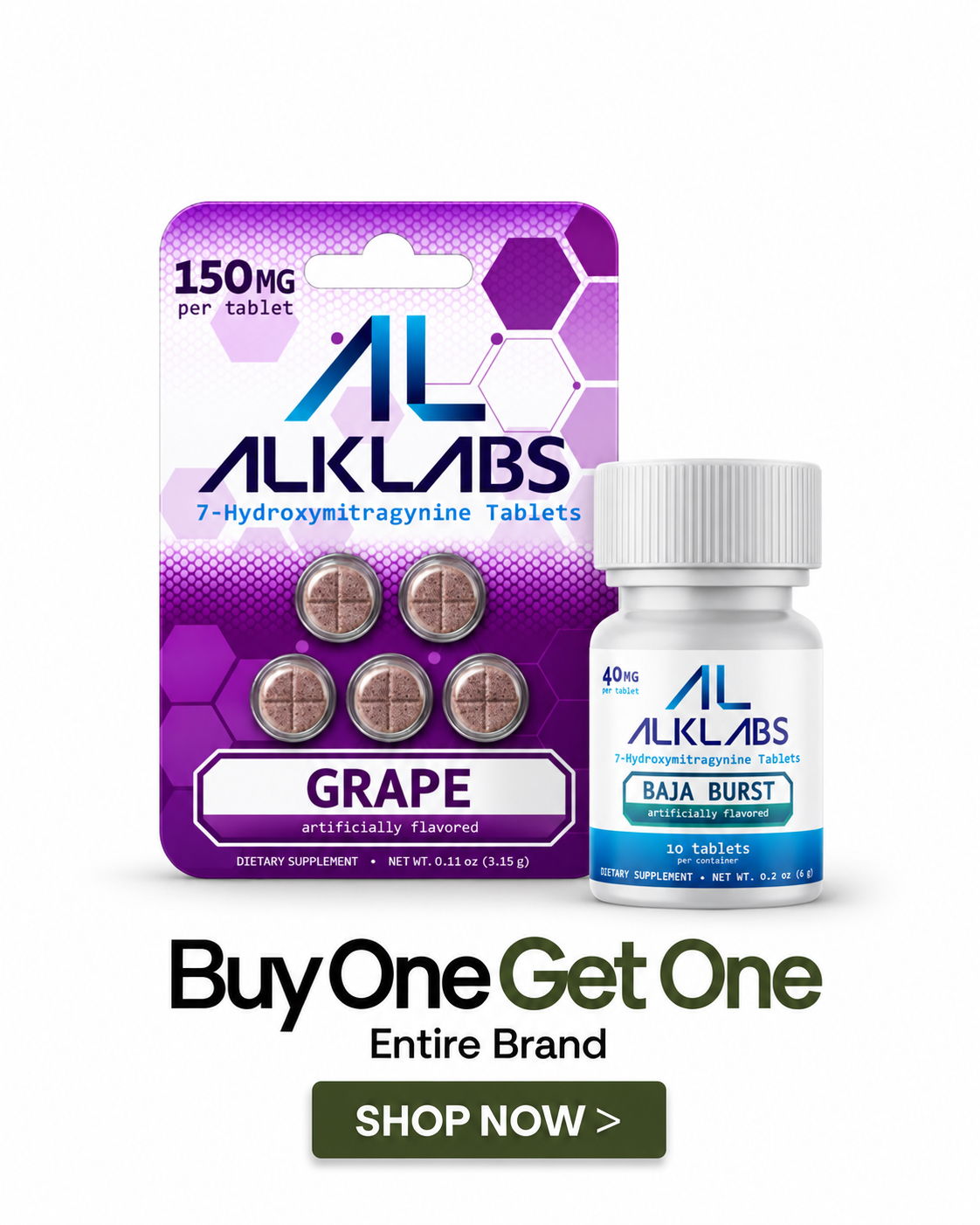 Grape-flavored tablets and a bottle from ALKLABS with promotional offer.