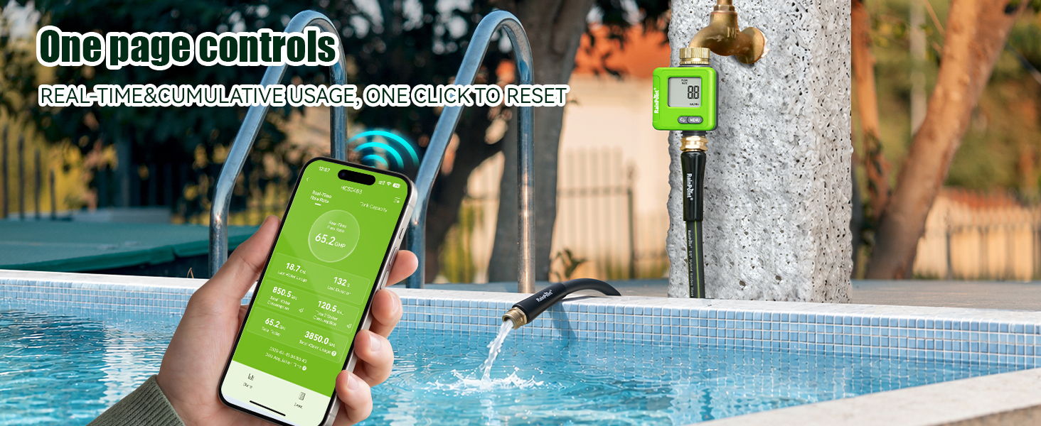 A smartphone controls a pool with a water feature in the background.