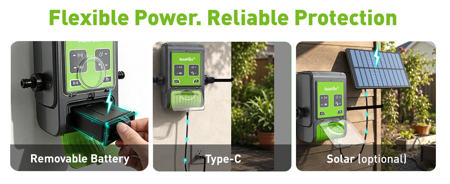 Three images showcasing flexible power solutions: renewable battery, Type-C, and solar integration.
