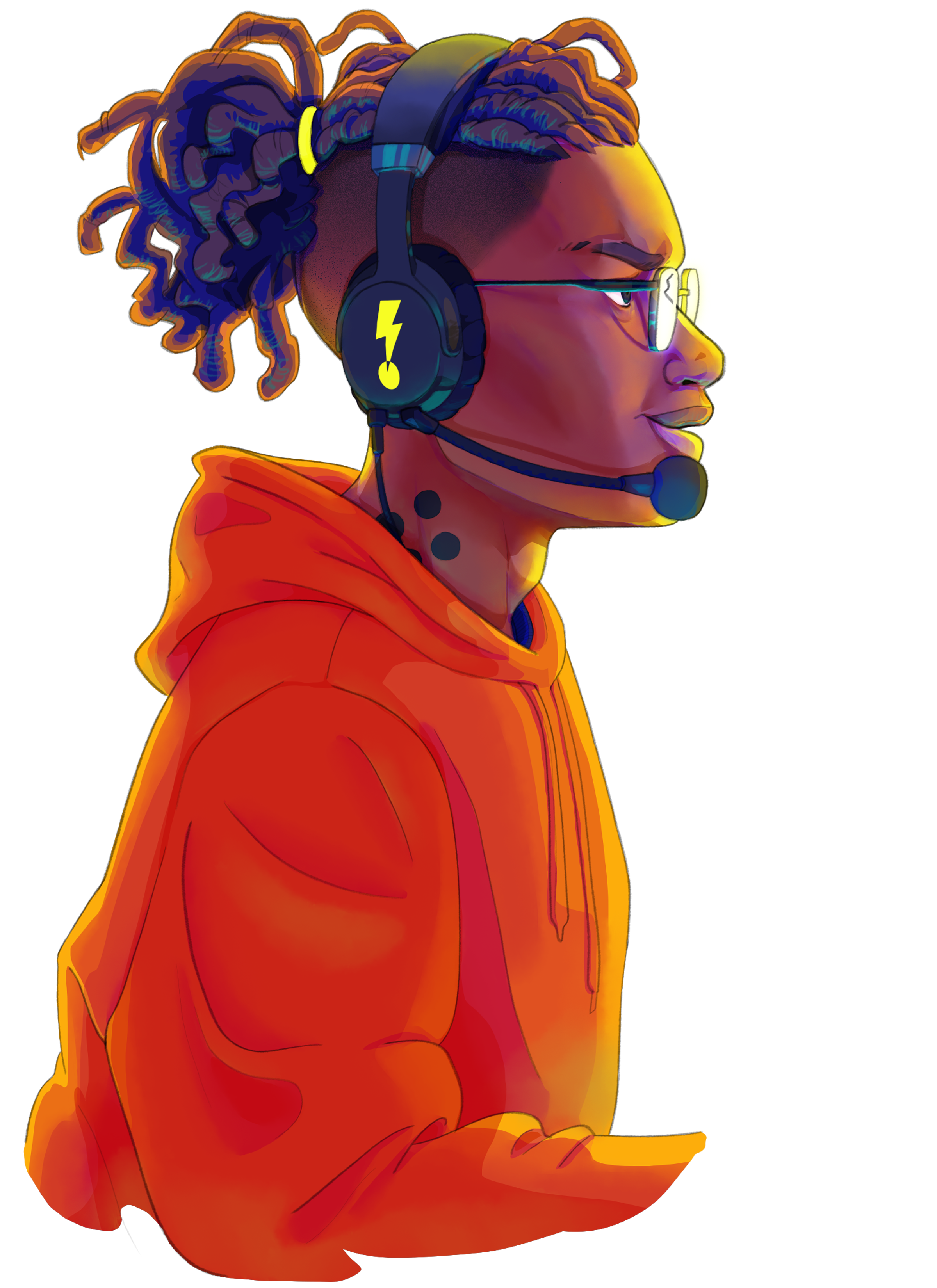 Profile of a person wearing headphones and an orange hoodie.