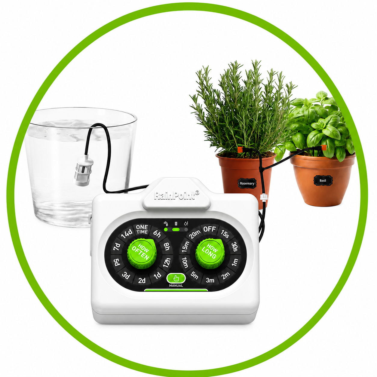 Irrigation system for plants with water reservoir and control panel.