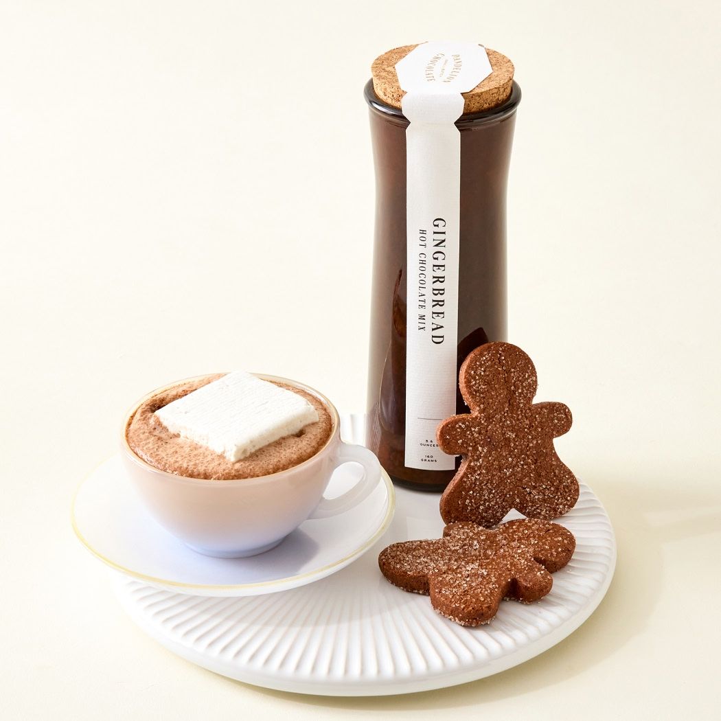 A cup of hot chocolate with marshmallow and gingerbread cookies on a plate.