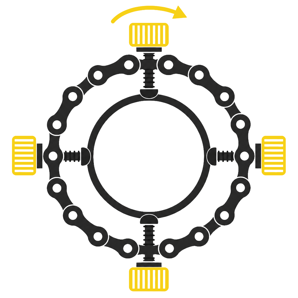 Illustration of a circular mechanical assembly with yellow components and black links.