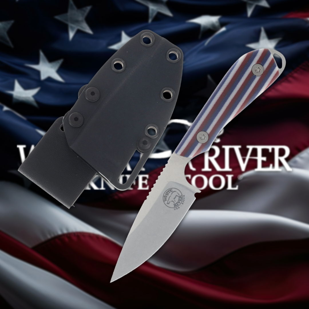 Knife with sheath over an American flag background.