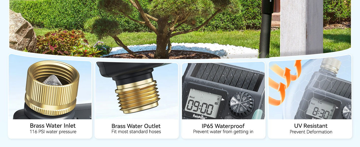 Gardening tools and features for watering systems displayed with descriptions.