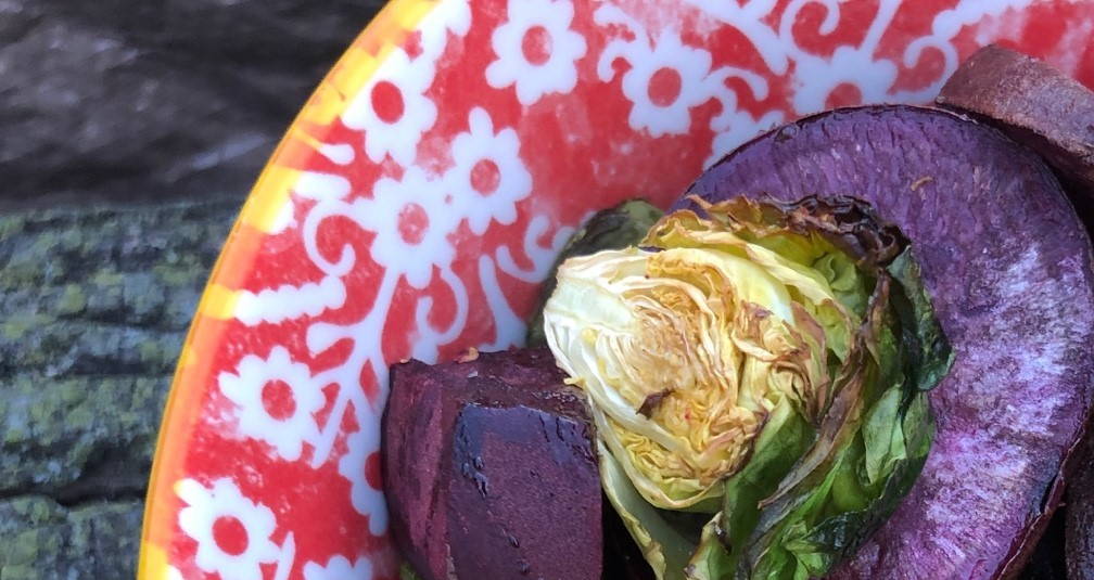 purple sweet potato and Brussels sprouts medley