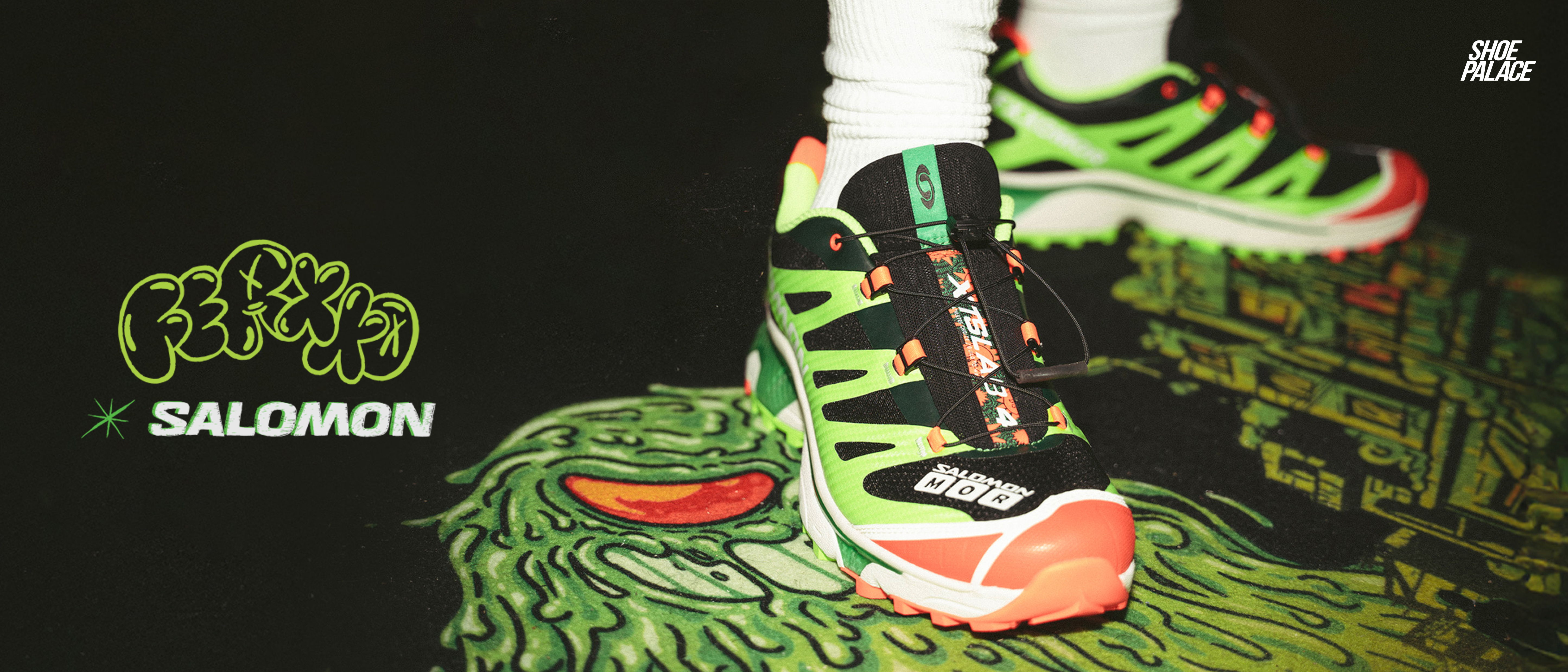 Colorful Salomon shoes on a green graphic background.
