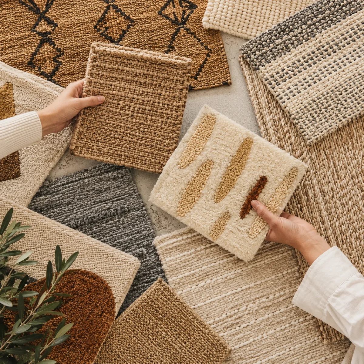 Collection of rug material swatches featuring woven, braided, textured, and plush designs, comparing popular rug materials for outdoor use. 