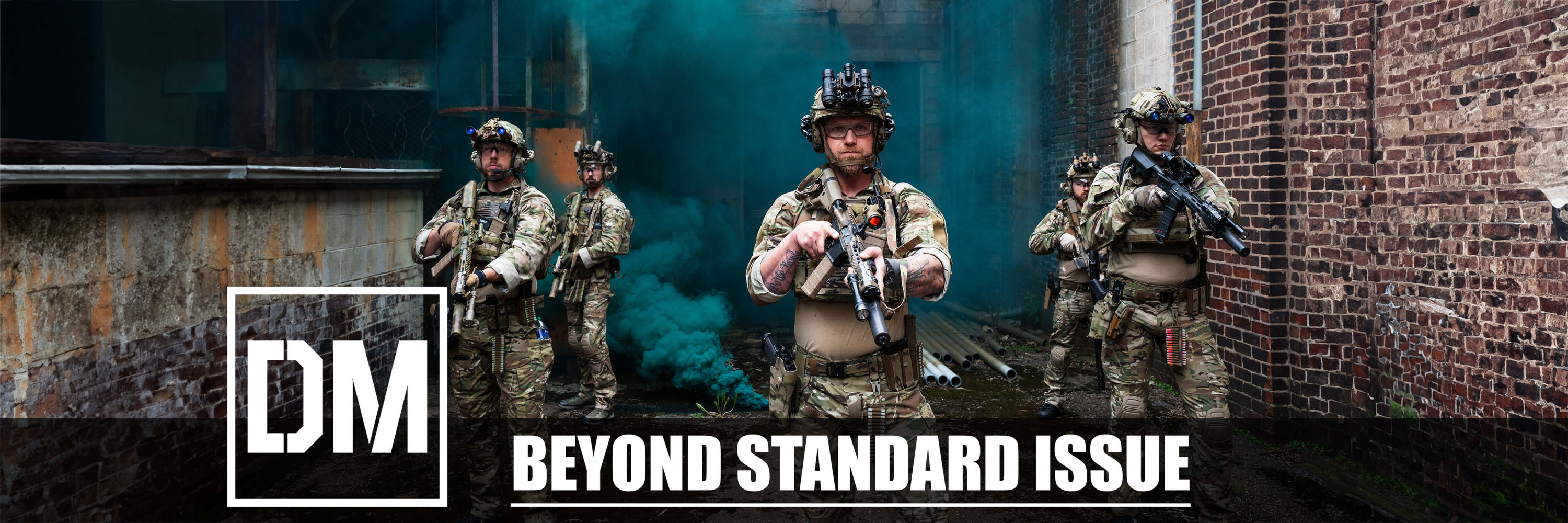 5 soldiers wearing tactical gear in an abandoned warehouse with the words 