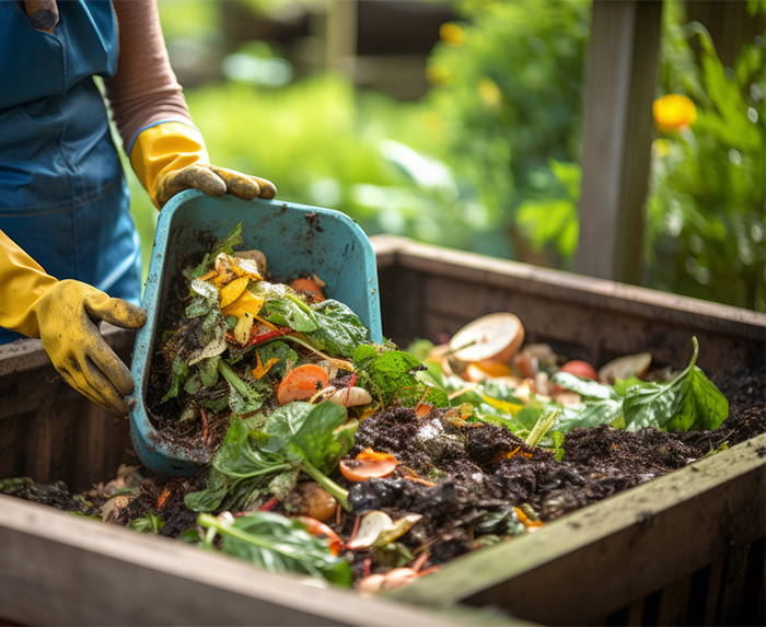 A person scattering food scraps into a backyard composting pile stored in a wooden container