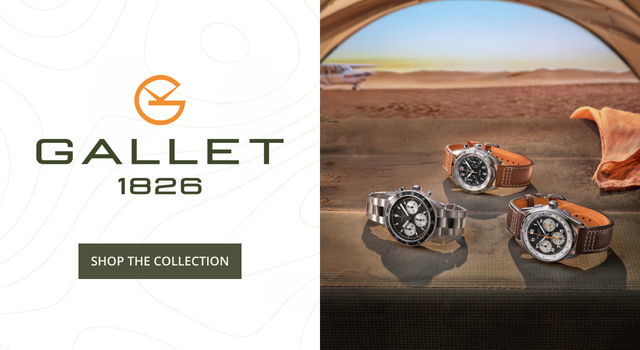 Watches displayed with Gallet logo and 