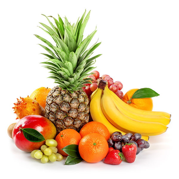 A variety of fresh fruits including pineapple, bananas, grapes, and oranges.